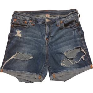 True Religion Curvy Mid Roll Distressed Denim Shorts 32